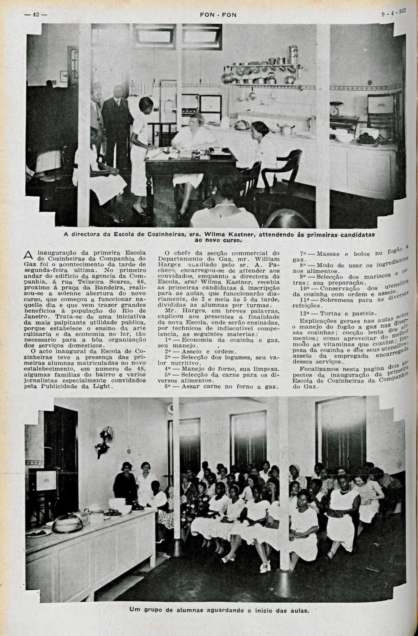 Fotografia de duas páginas de jornal mostrando a inauguração da primeira Escola de Cozinheiras da Companhia do Gaz.