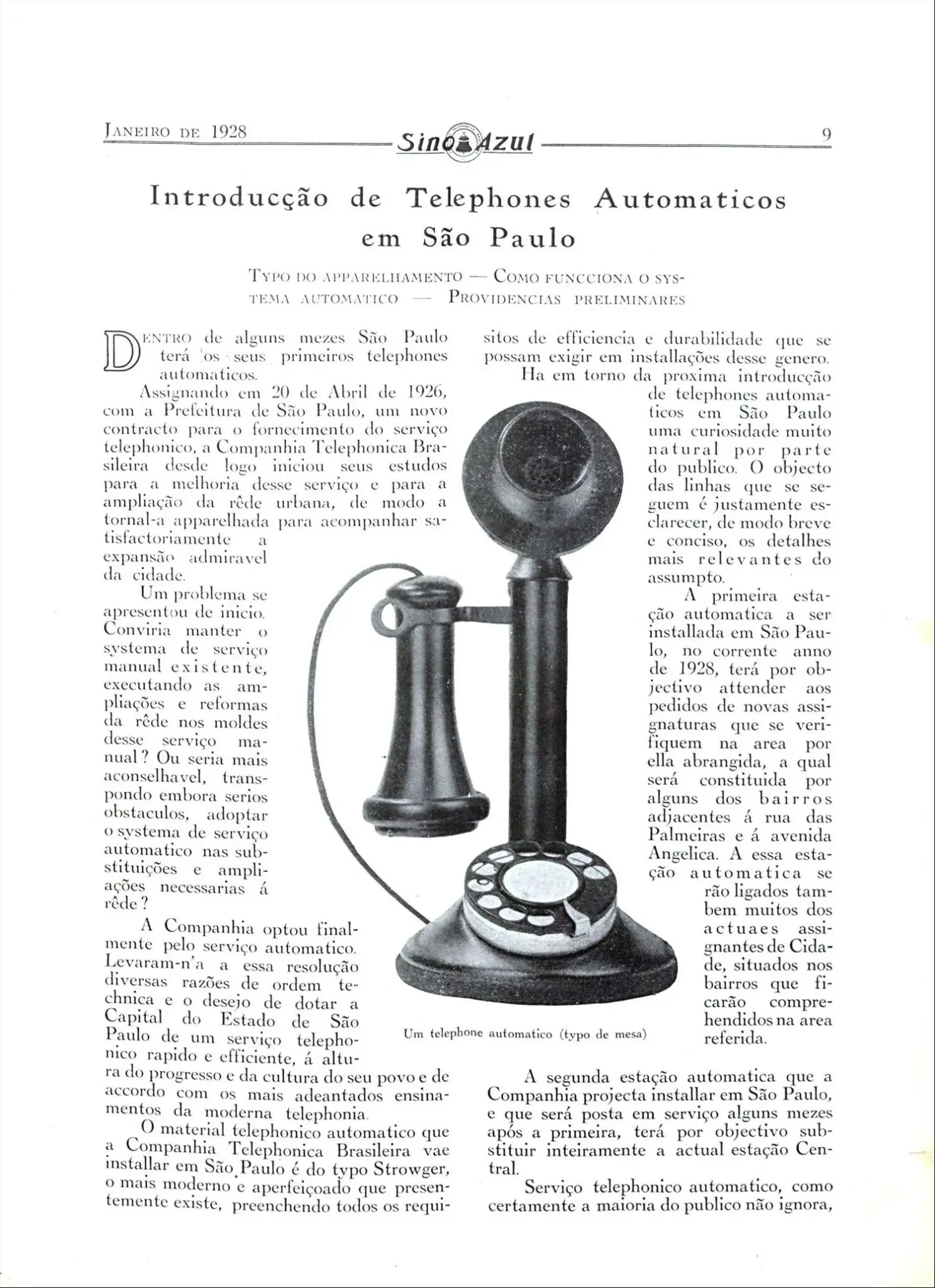 Página de jornal de 1928 sobre telefones automáticos em São Paulo, ilustração de telefone antigo.