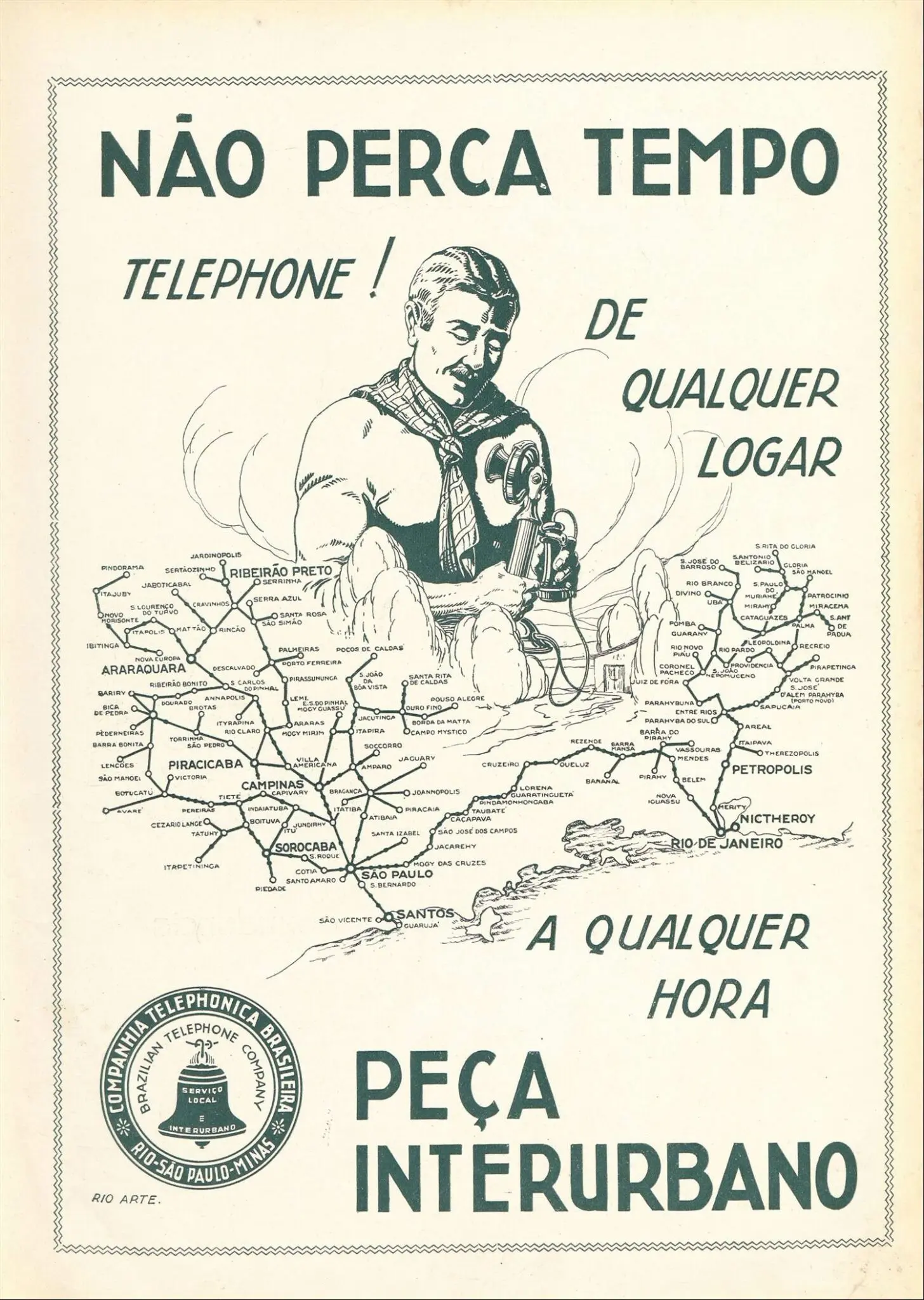 Cartaz publicitário em preto e branco sobre telefonia interurbana.