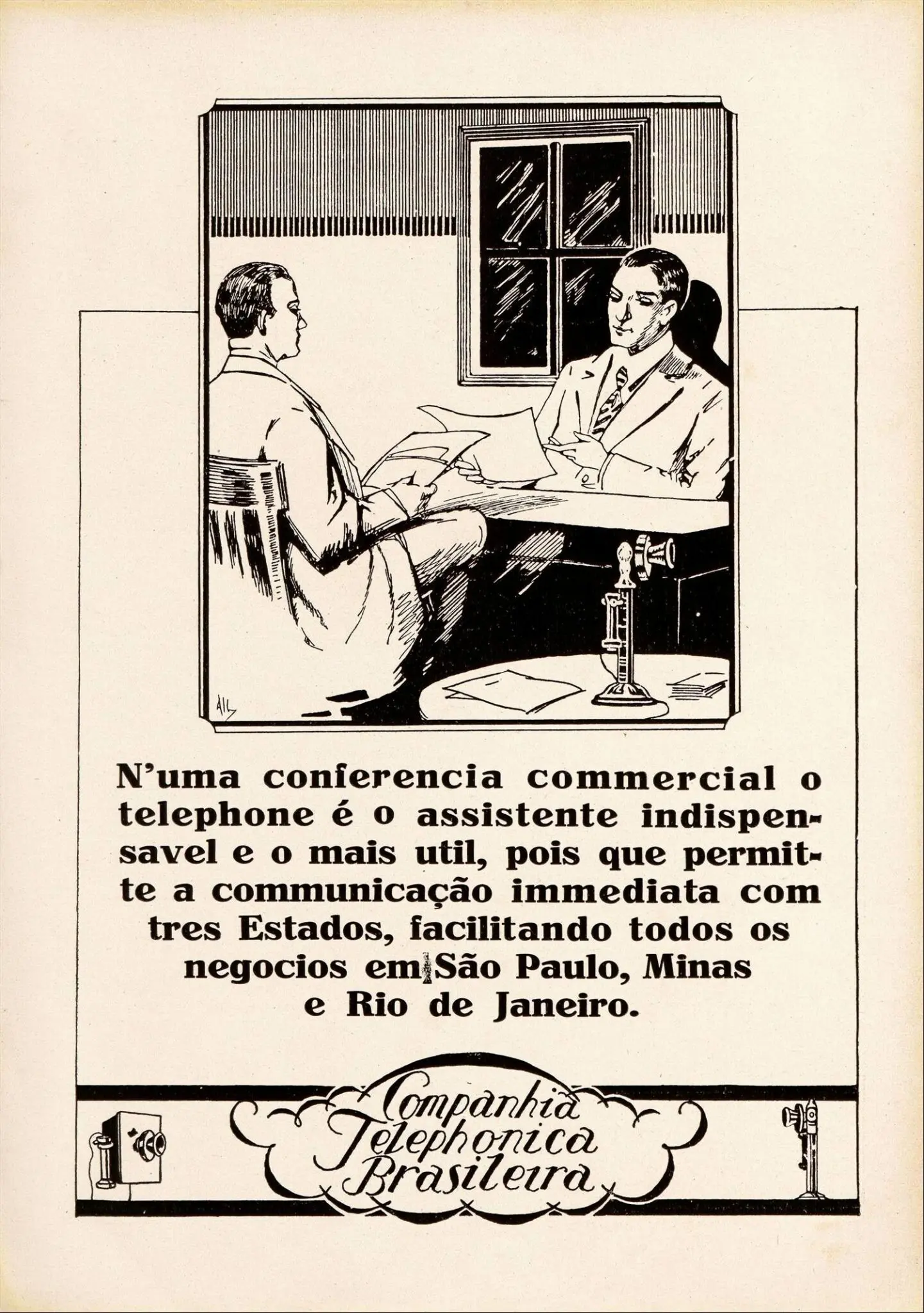 Ilustração em preto e branco de dois homens em uma mesa com documentos e flores.