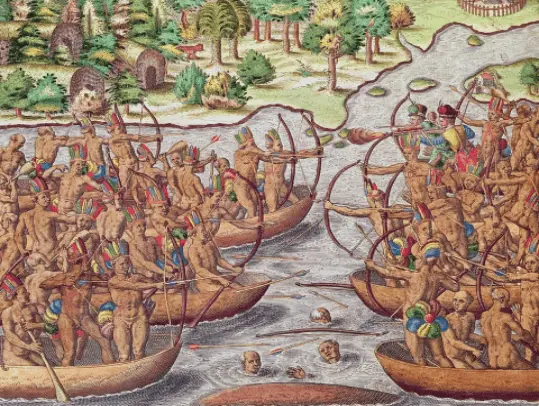 Embarcações remando em direção à esquerda, sugerindo conflito histórico.