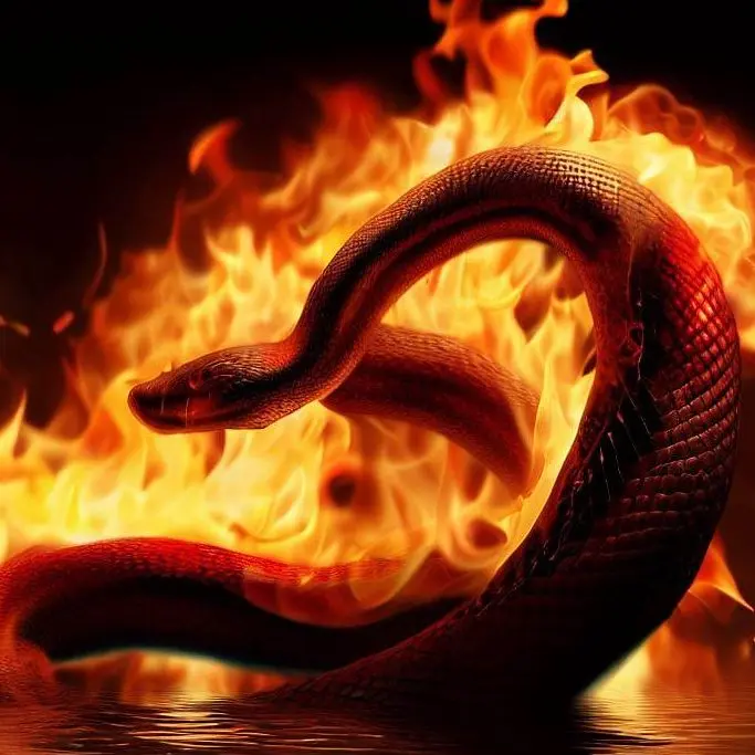 Serpente em chamas, vibrante e intenso.