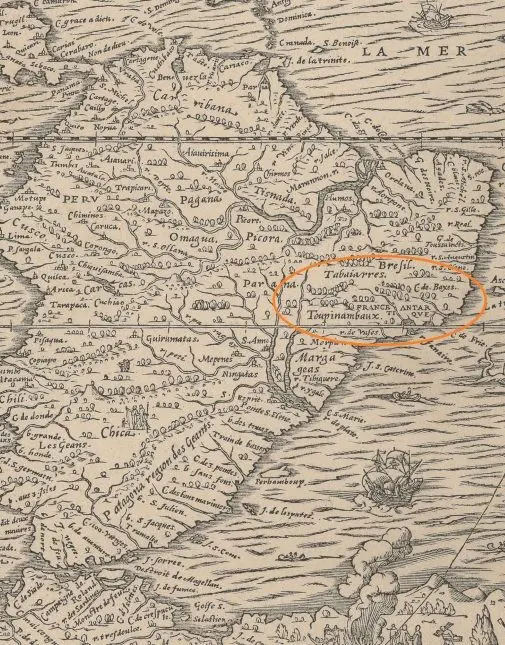 Mapa antigo com destaque para "Tamborim" entre "Brasil" e "Toupinambax".