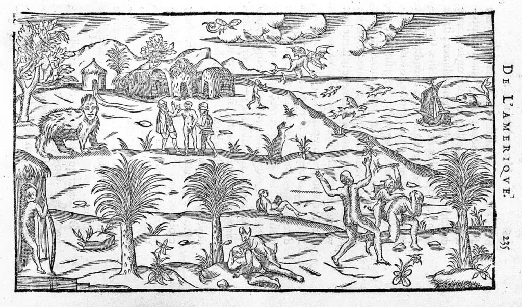 Gravura tropical com figuras humanas e animais.