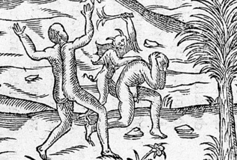 Gravura preto e branco com figuras humanas dançando e figura com cabeça de animal segurando objeto.