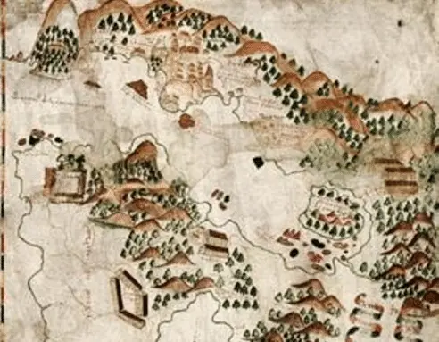 Gravura antiga de mapa com edifícios, vegetação e montanhas.
