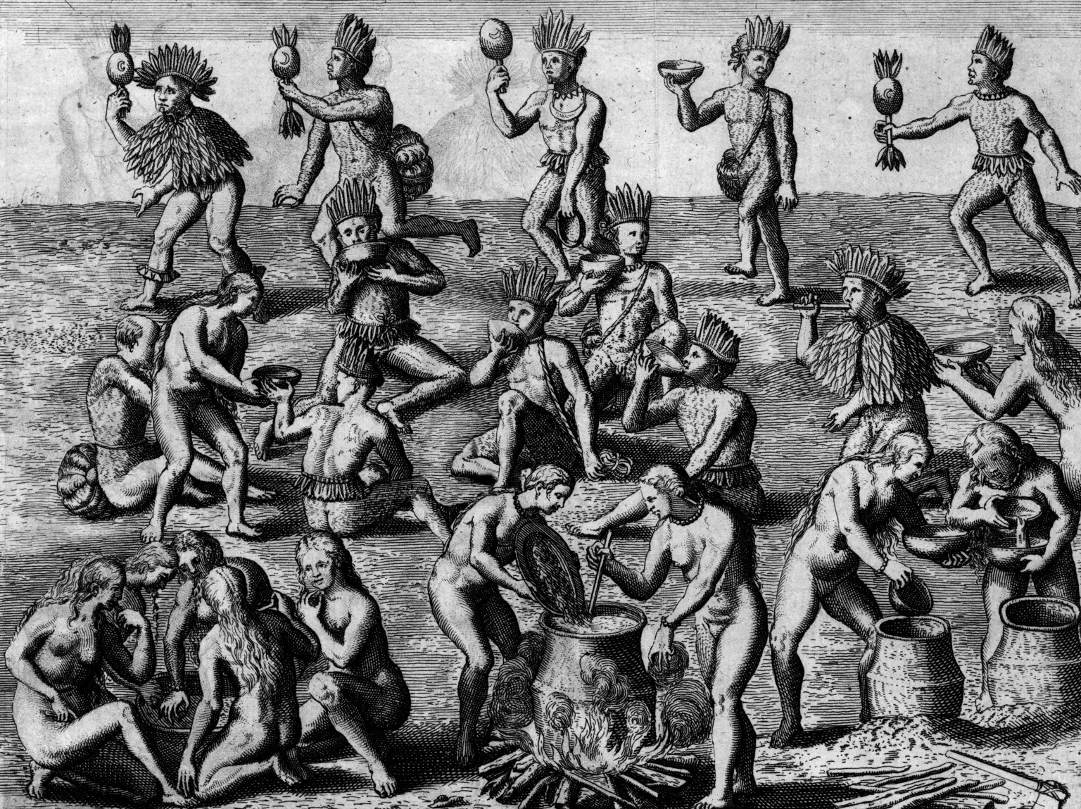Gravura em preto e branco de figuras humanas indígenas em cena ritualística.