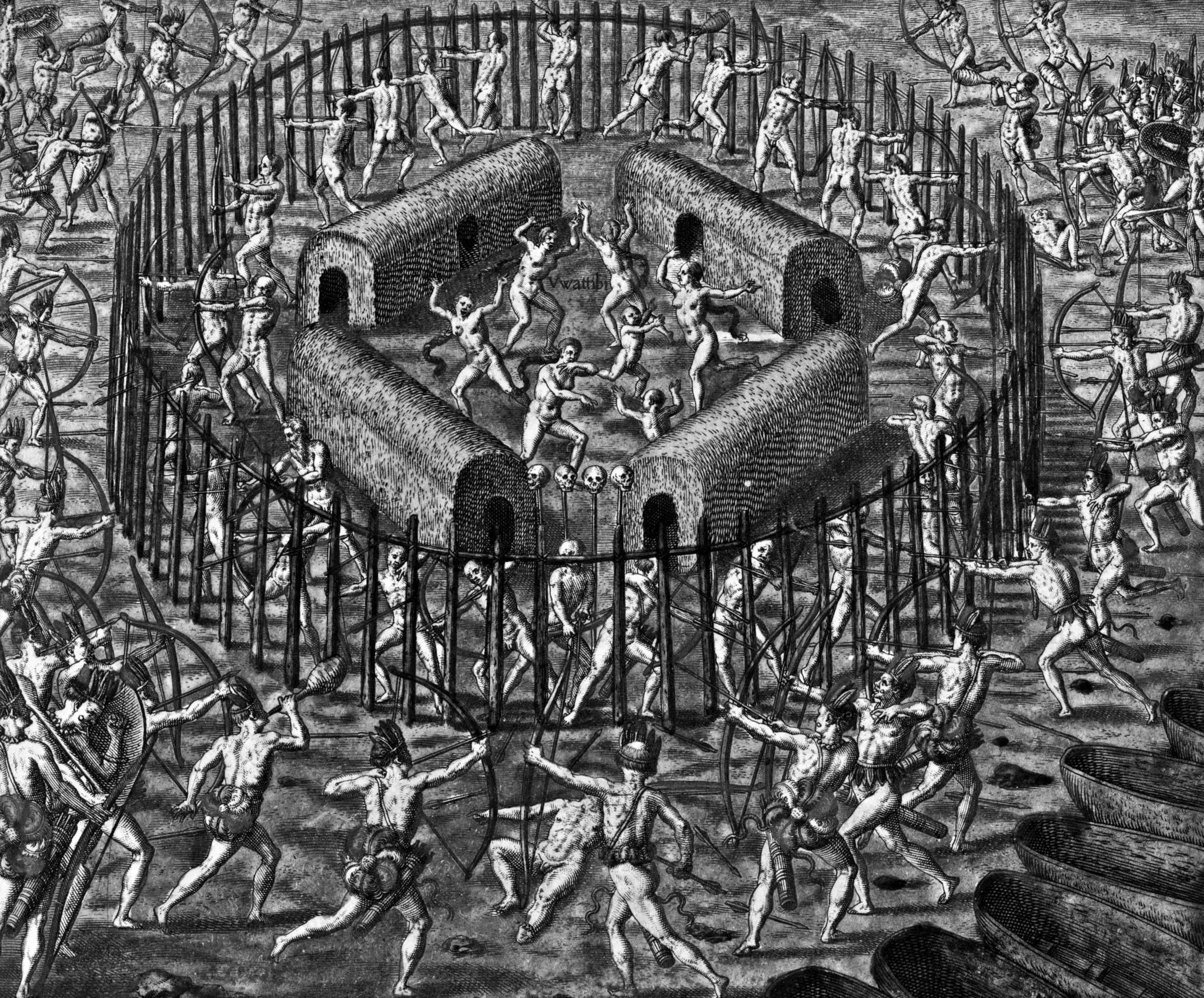 Gravura mostra ataque a aldeia indígena com figuras nus em combate.