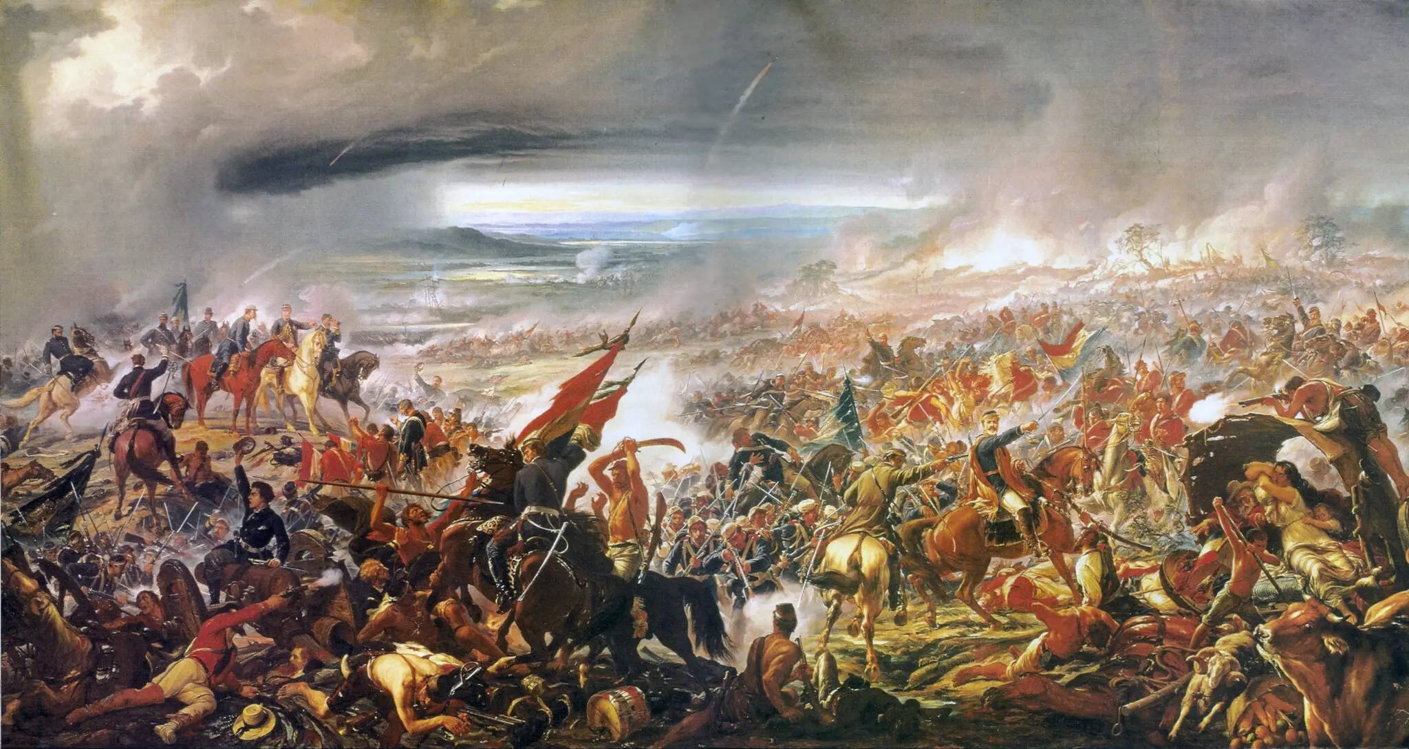 Pintura de batalha densa com soldados em movimento e intensidade da guerra.