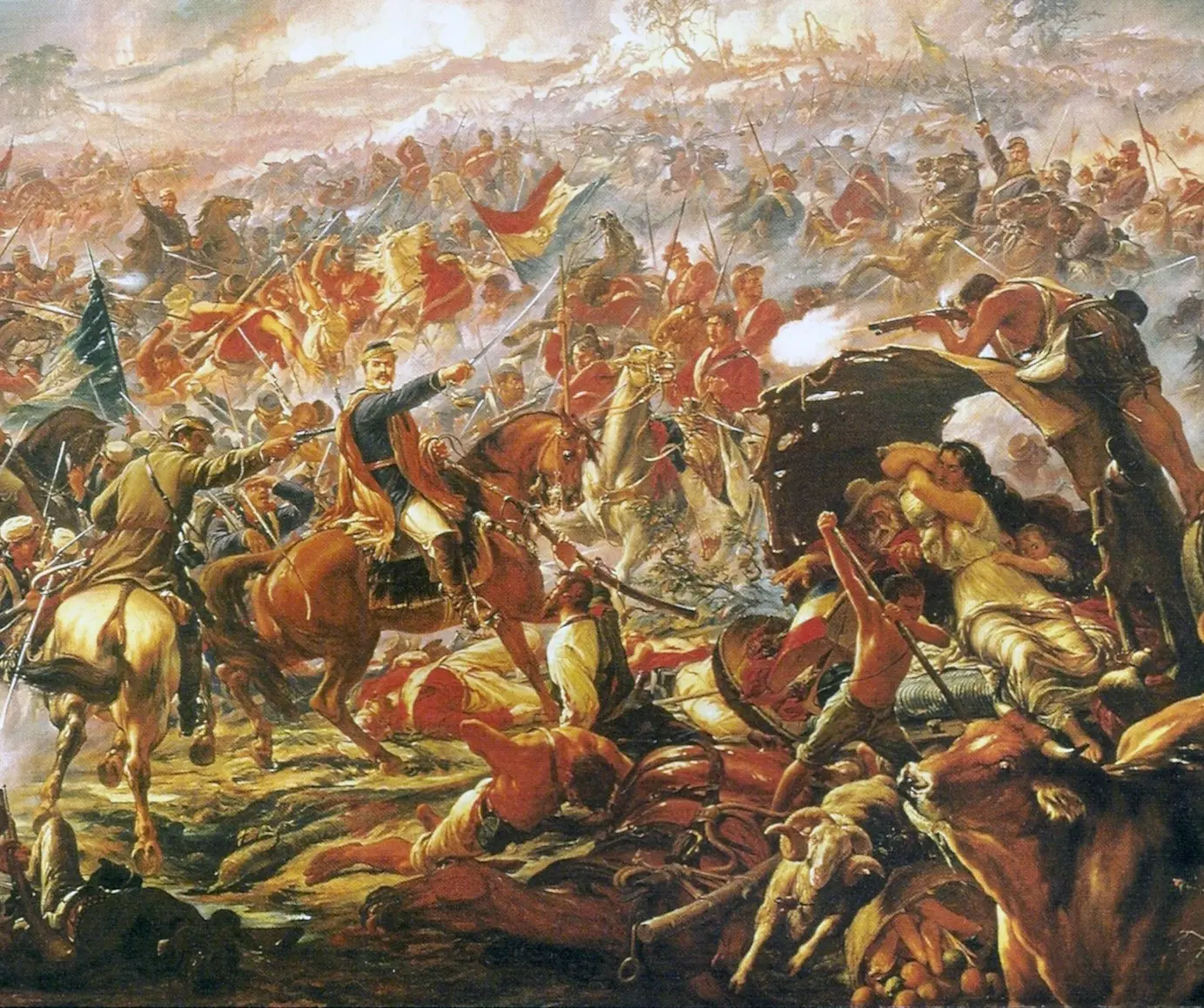 Pintura de batalha densa com soldados em movimento e paisagem intensa.