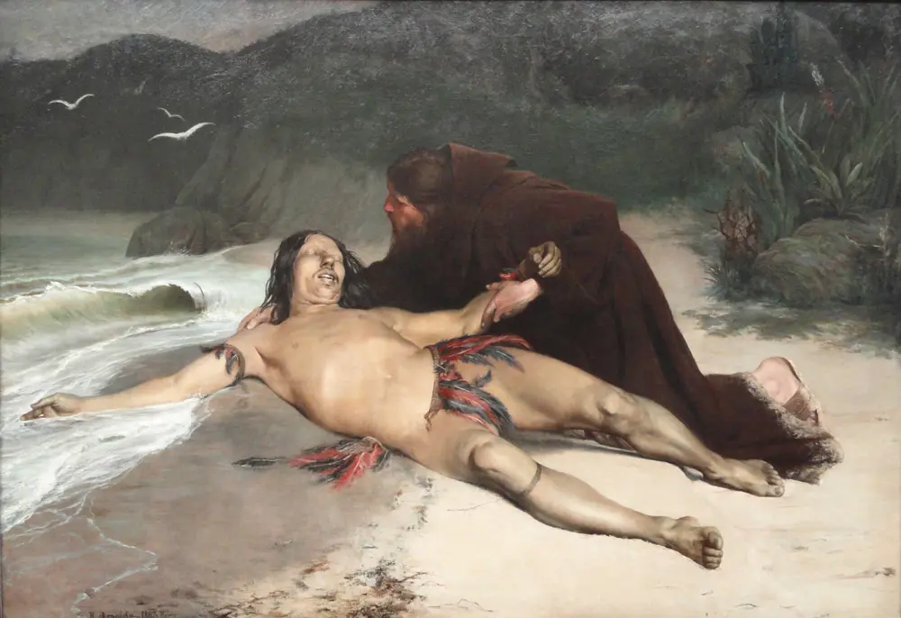 Pintura dramática de praia com figura de homem deitado, coberto por faixa vermelha e preta, sendo auxiliado por outro homem com manto marrom.
