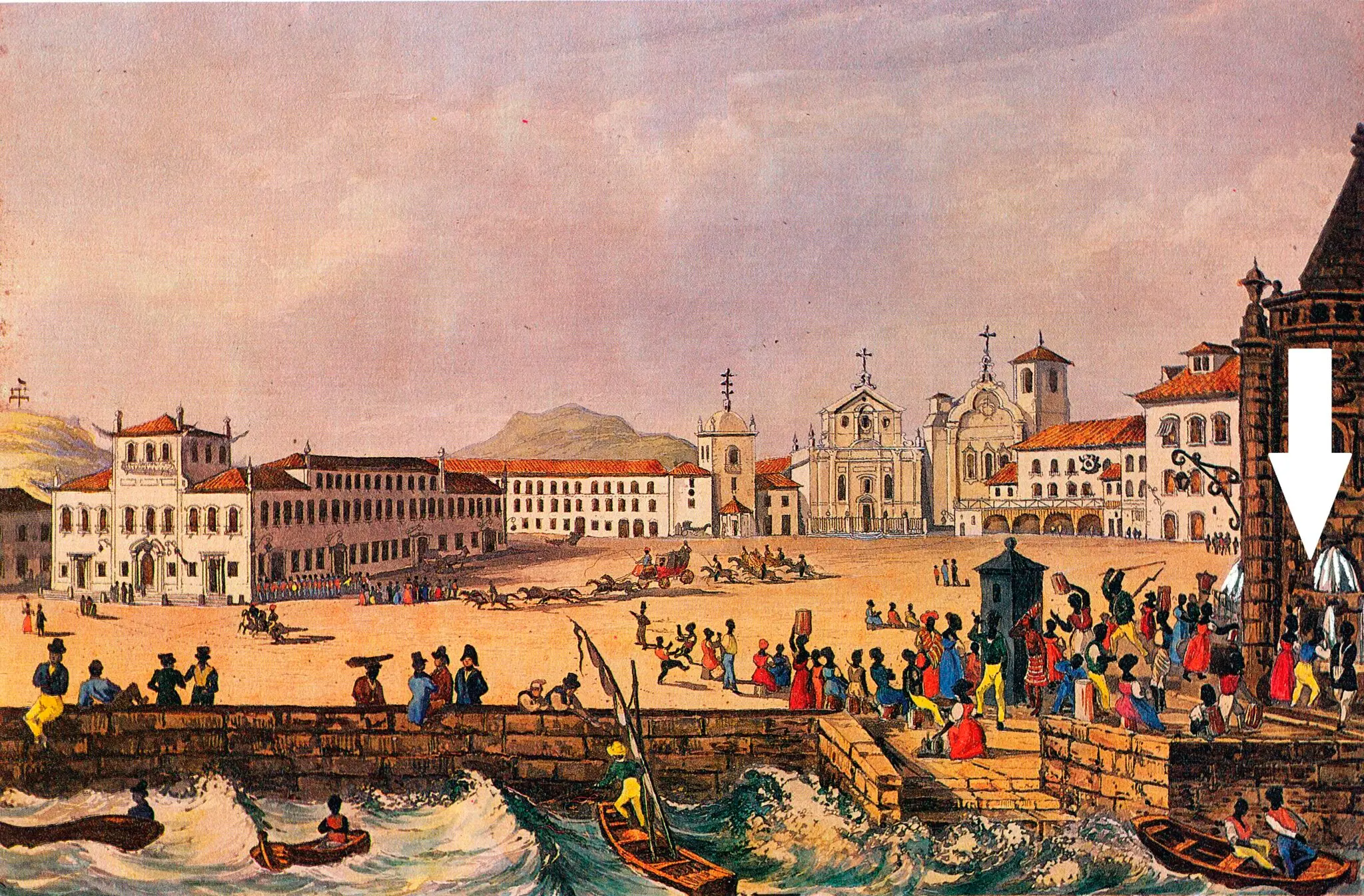 Praça histórica com edifícios e igreja ao fundo, pessoas caminhando e barcos no rio.