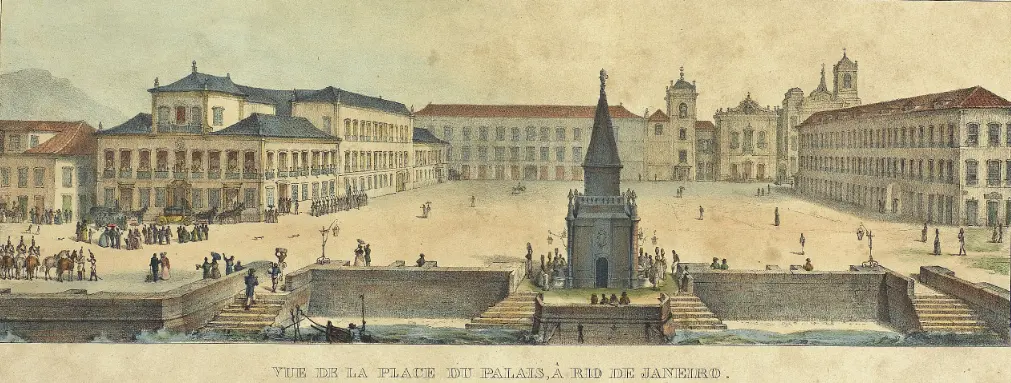 Gravura preto e branco de praça histórica em Rio de Janeiro.