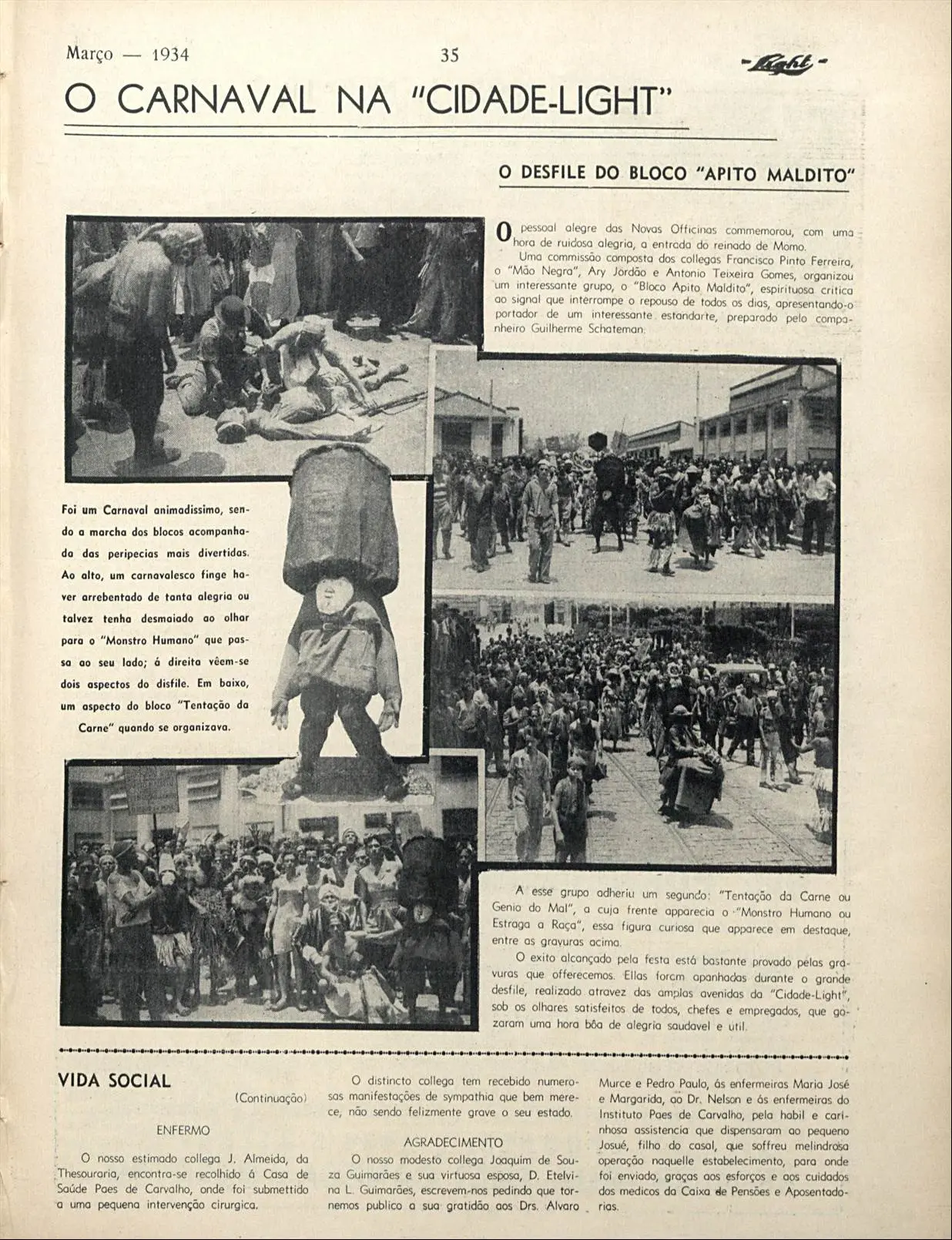 Página de jornal em preto e branco de 1934 mostrando desfile de Carnaval na Cidade-Light.