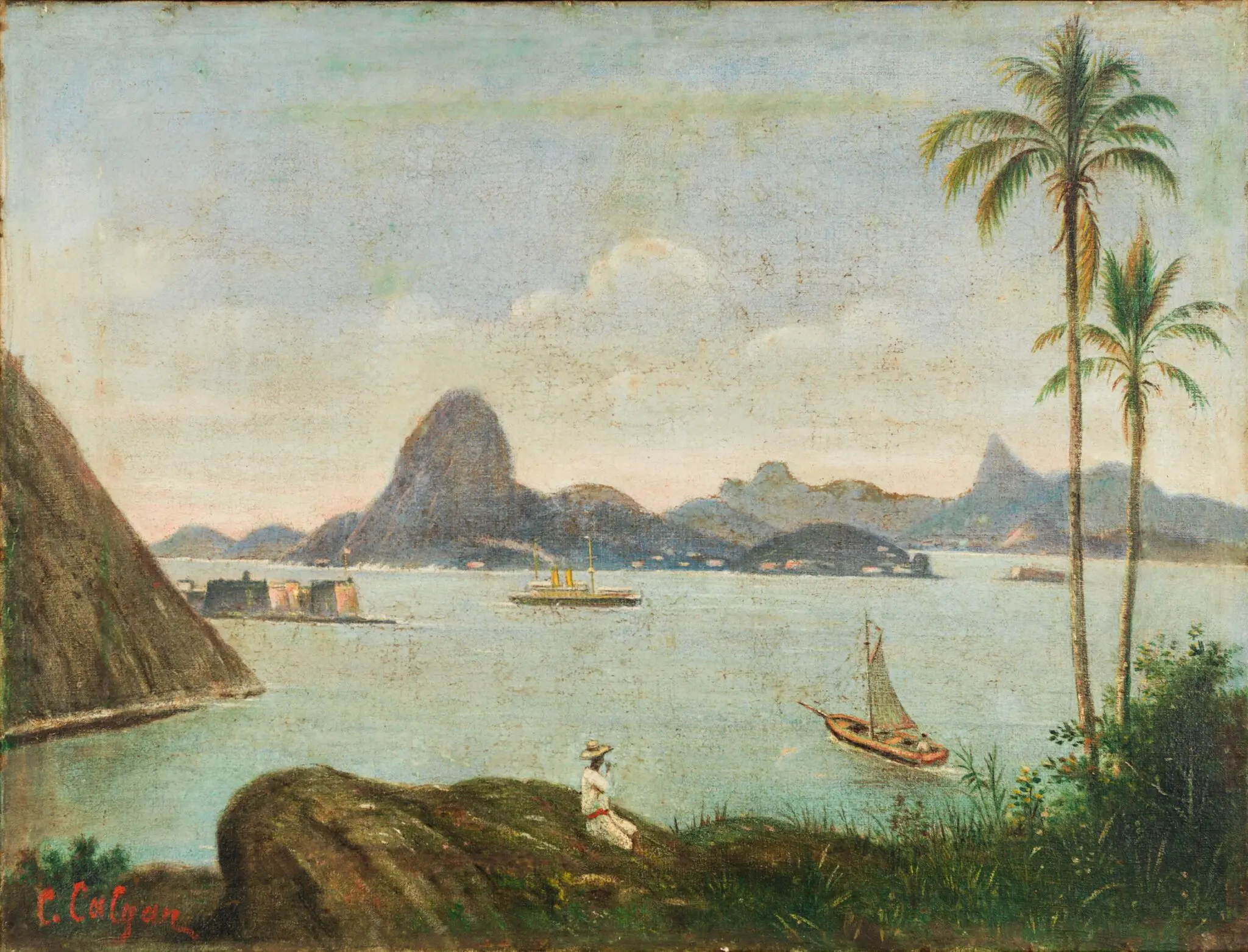 Paisagem costeira com colina, navio, palmés e homem olhando para o mar.