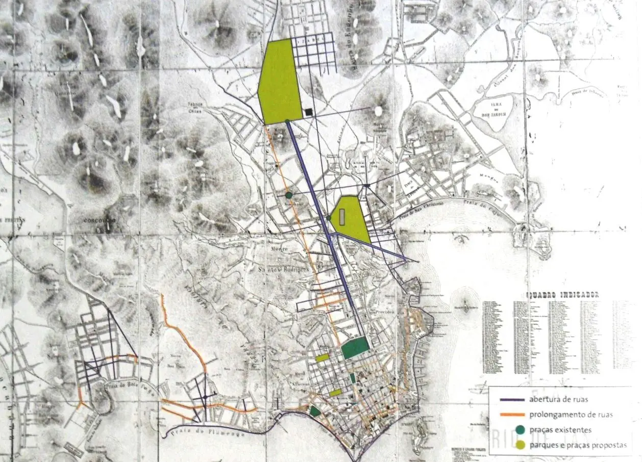 Mapa antigo com ruas, edifícios, áreas verdes e rio.
