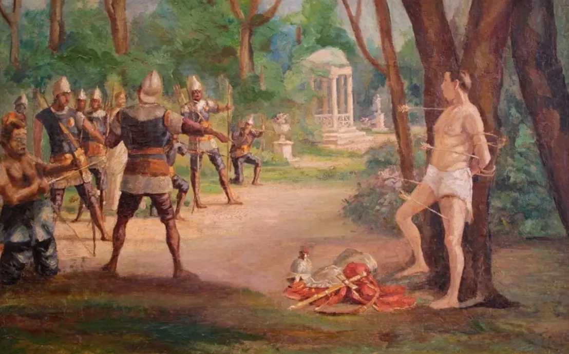 Pintura histórica em parque, soldados em formação, confronto entre dois personagens, homem olhando.