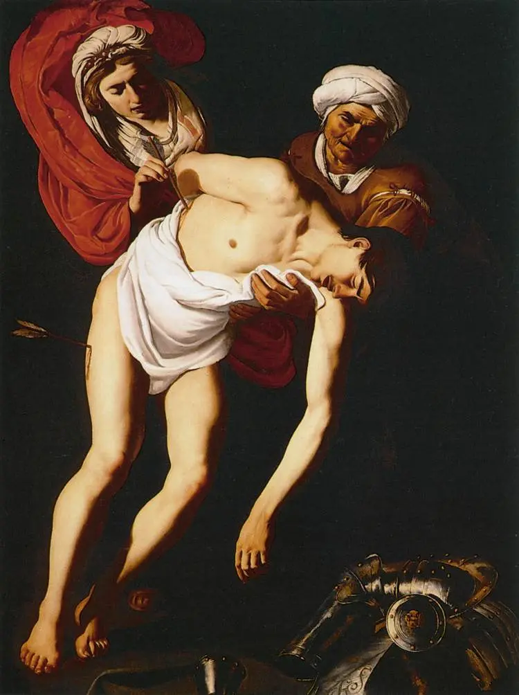 Pintura dramática com figura feminina segurando ferido nu, carregado por homem à direita.