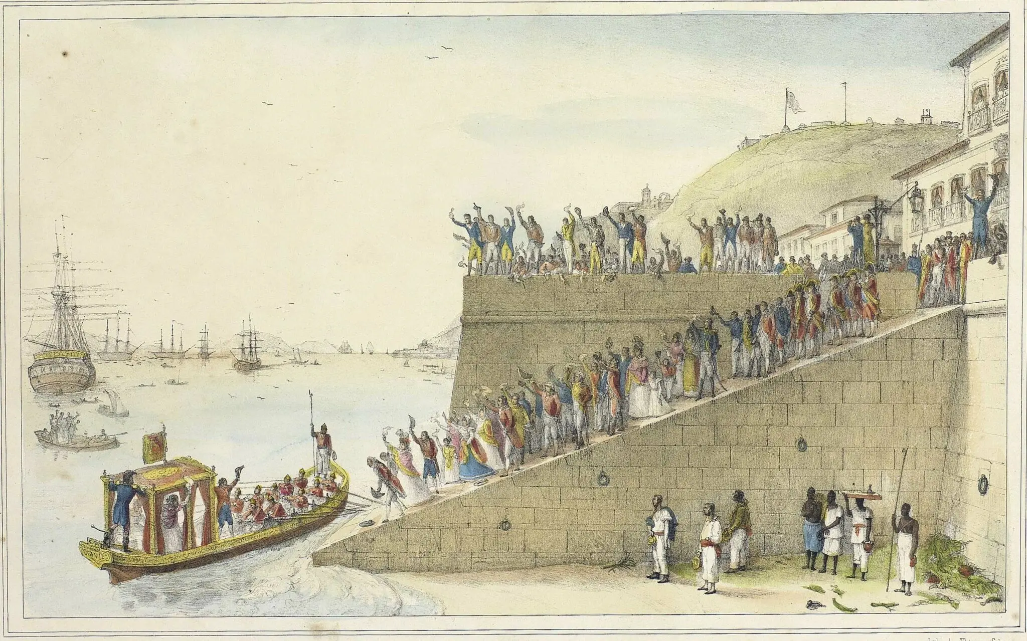 Navio em mar calmo, pessoas celebrando na escarpa, construção com bandeira ao fundo.