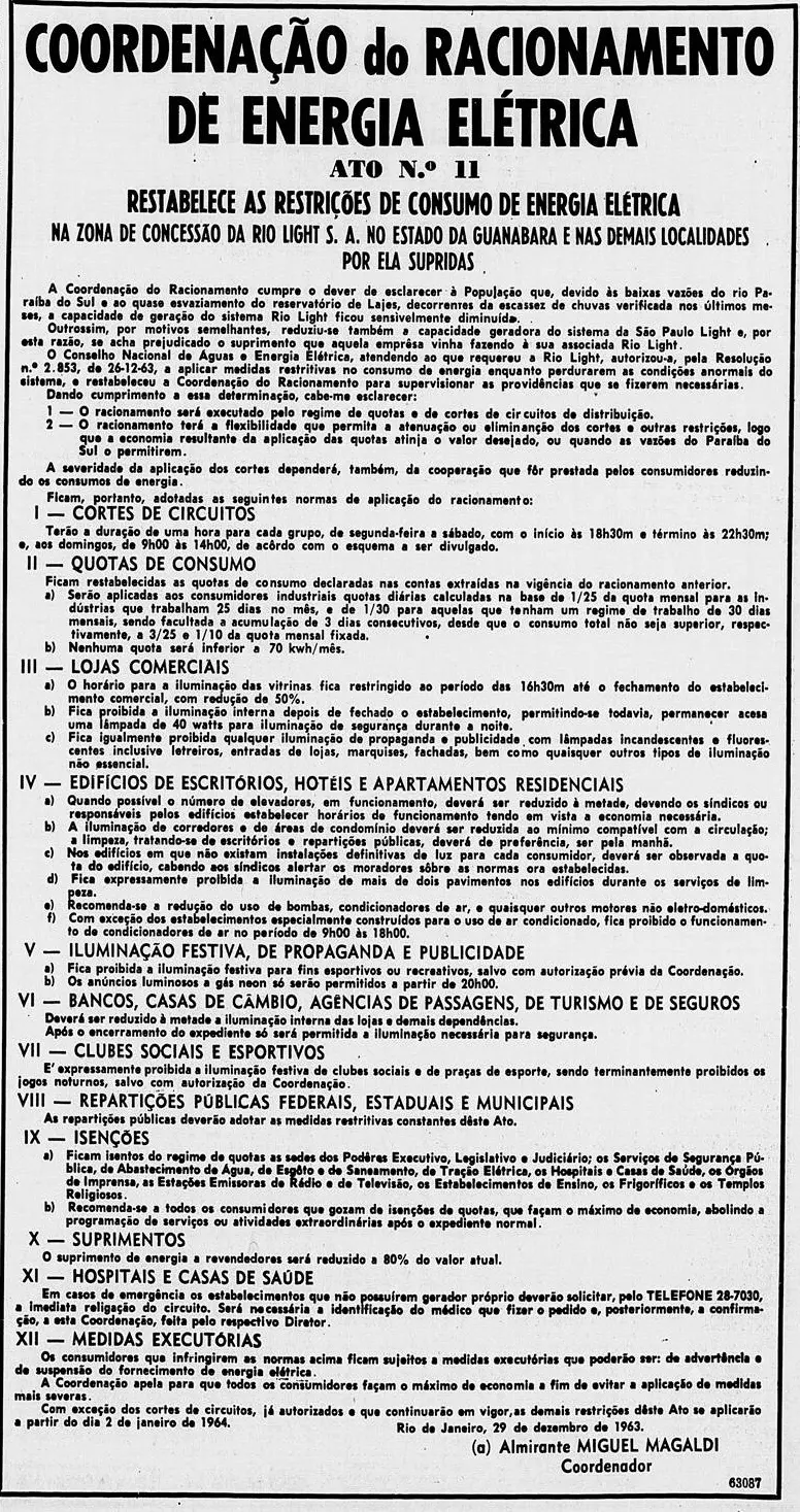 Documento em preto e branco detalhando restrições de energia elétrica.