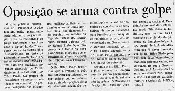 Jornal em preto e branco sobre oposição à resistência civil ao golpe.