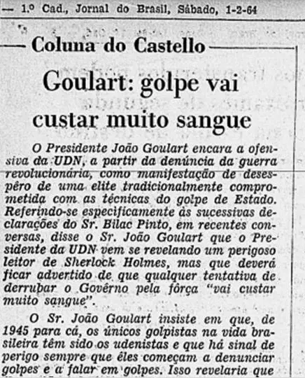 Jornal antigo em preto e branco sobre política brasileira em 1964.