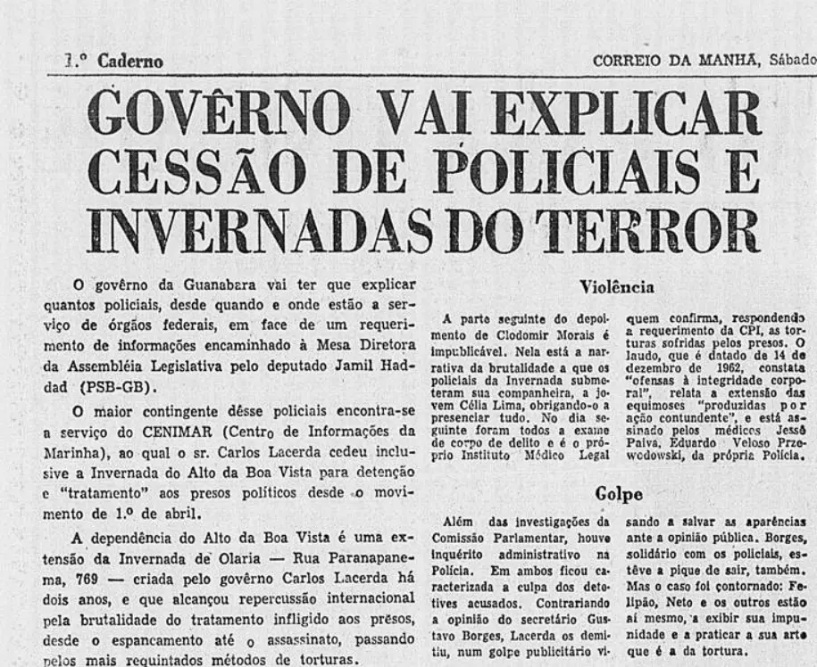 Jornal em preto e branco sobre cessão de policiais e invernadas do terror.