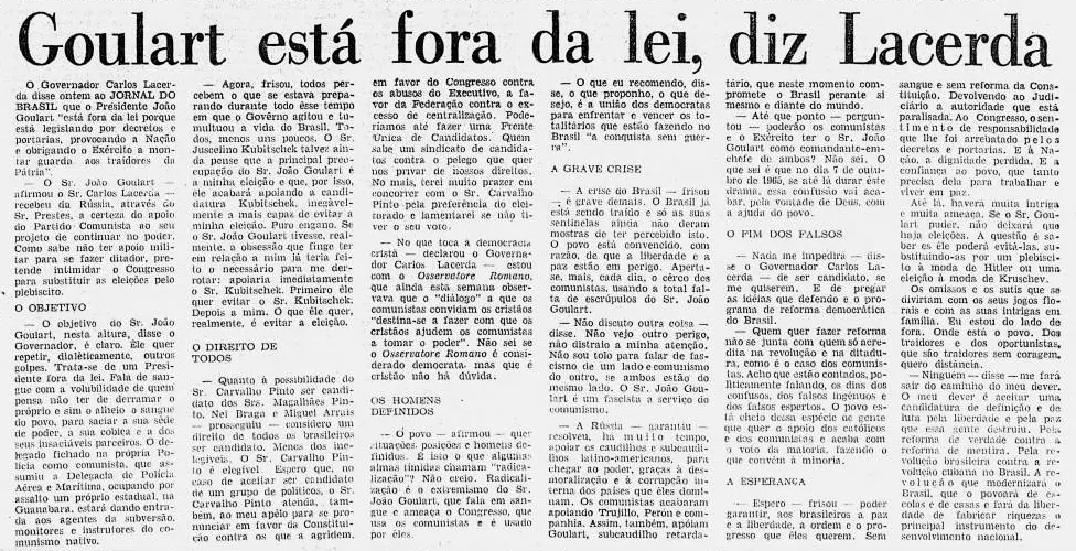 Jornal em preto e branco com título sobre Goulart e Lacerda.