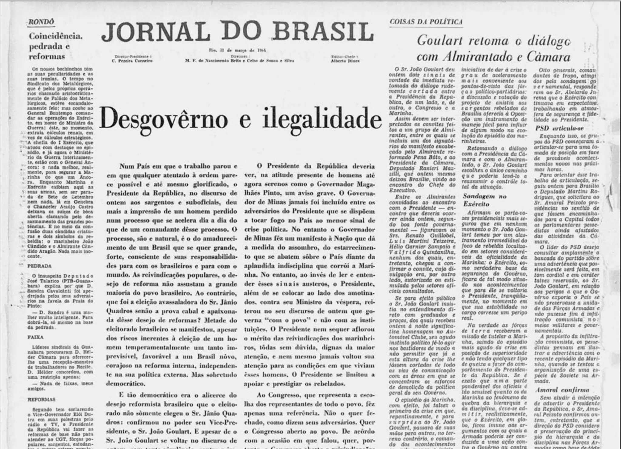 Página de jornal em preto e branco sobre política, focando em Goulart e Almirantado.