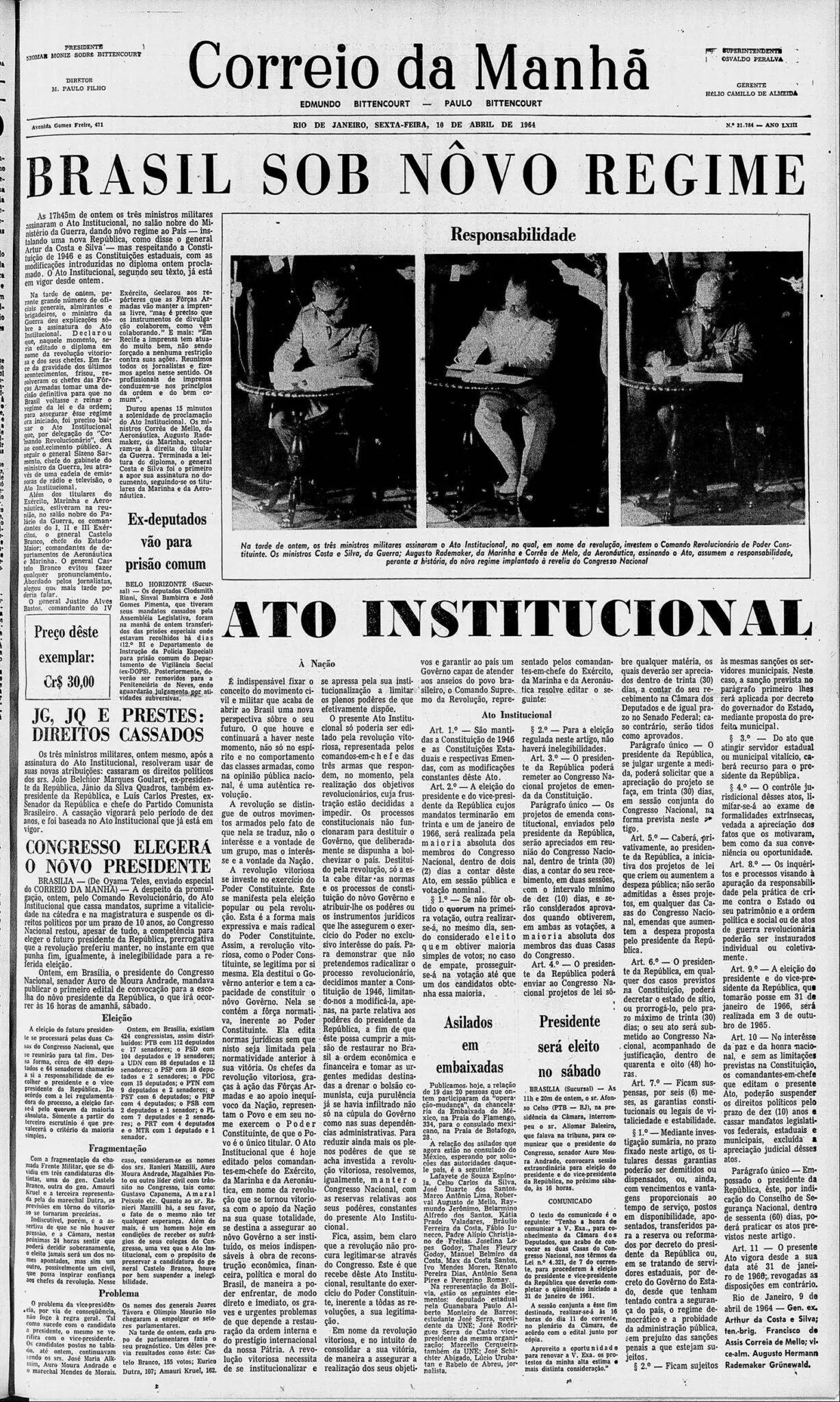 Página de jornal em preto e branco sobre política brasileira.