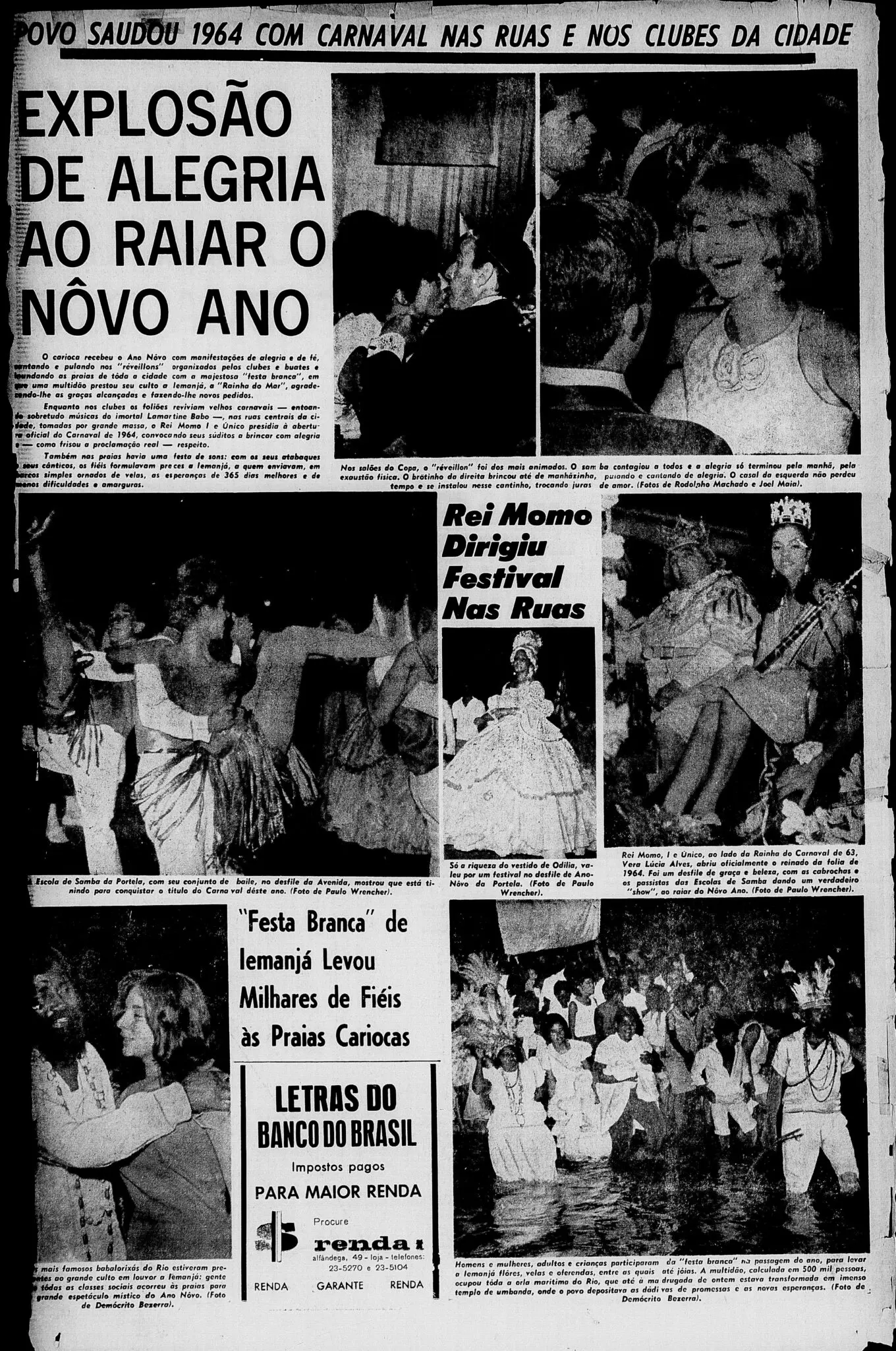 Jornal antigo em preto e branco mostrando Carnaval de 1964 em São Paulo.