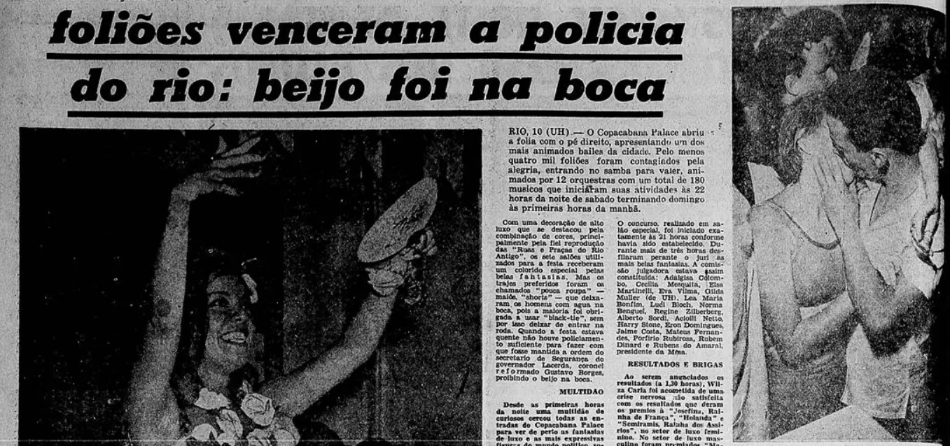 Jornal antigo com título sobre foliões e beijo no Carnaval do Rio.