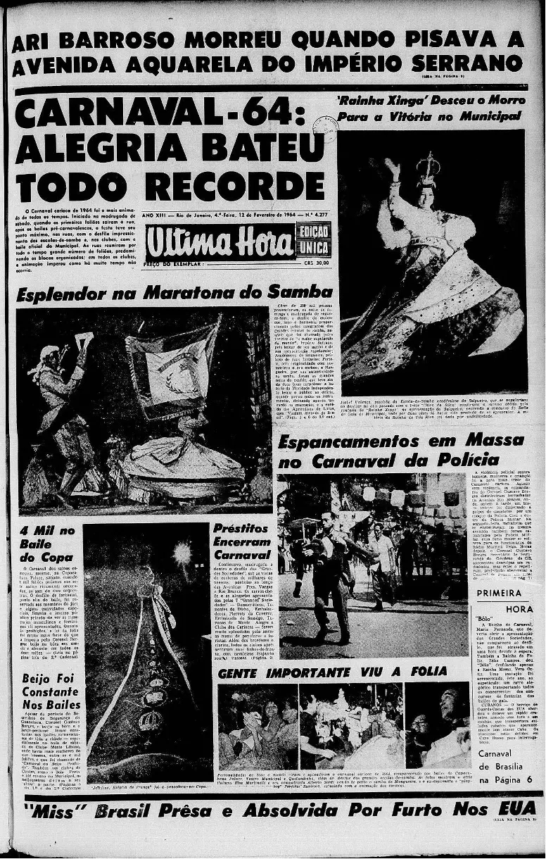 Página de jornal em preto e branco sobre Carnaval de 1964.