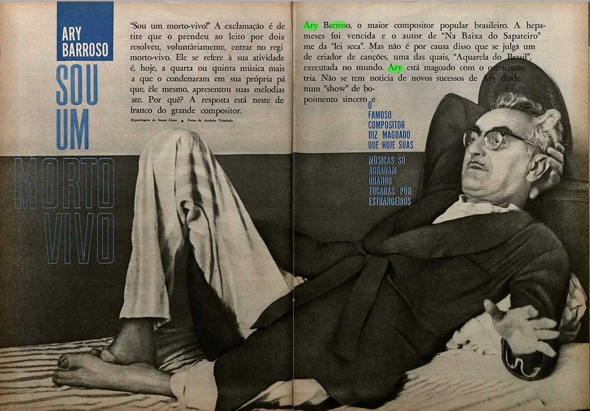Homem deitado, toalha branca, Ary Barroso mencionado.