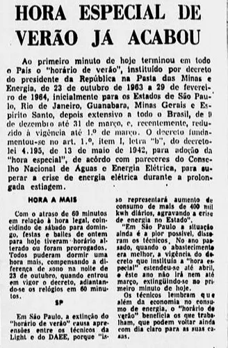 Jornal em preto e branco anuncia fim do horário de verão.