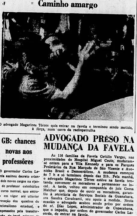 Jornal antigo sobre prisão de advogado em favela.