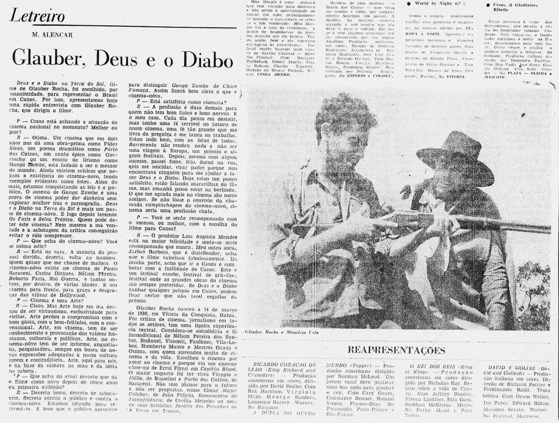 Jornal antigo com entrevista sobre Glauber Rocha e Cinema Novo, foto de dois homens em cenário rural.