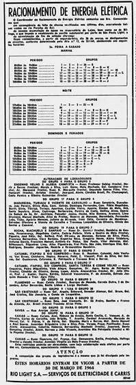 Tabela informativa sobre racionamento de energia elétrica no Rio de Janeiro em 1964.