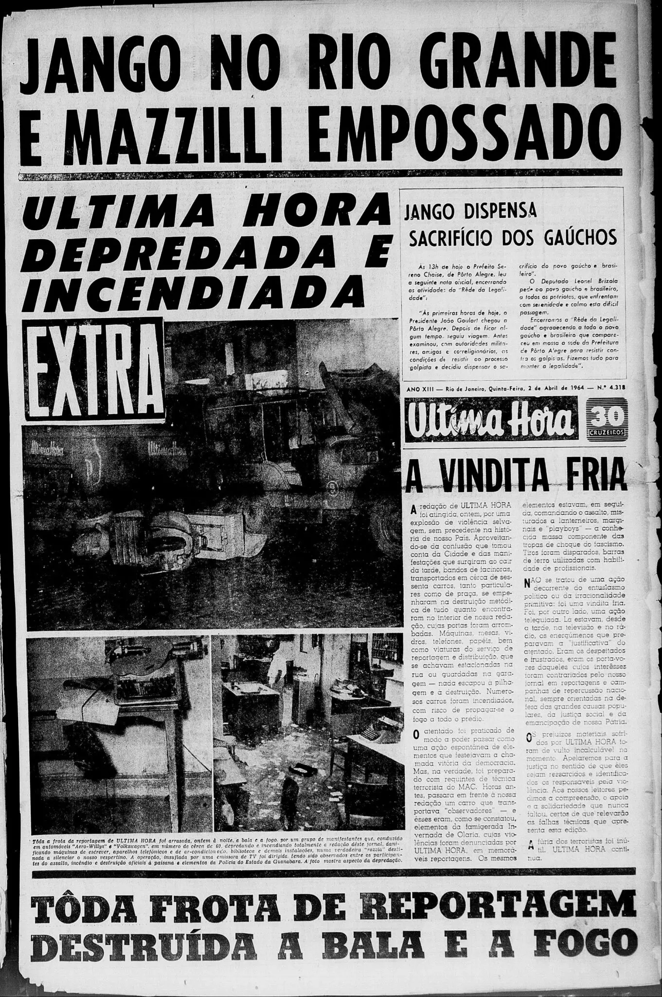 Página de jornal em preto e branco sobre incêndio e destroços em redação.