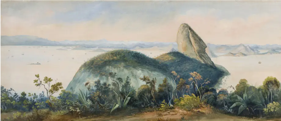 Paisagem costeira com barcos, rochas e vegetação.