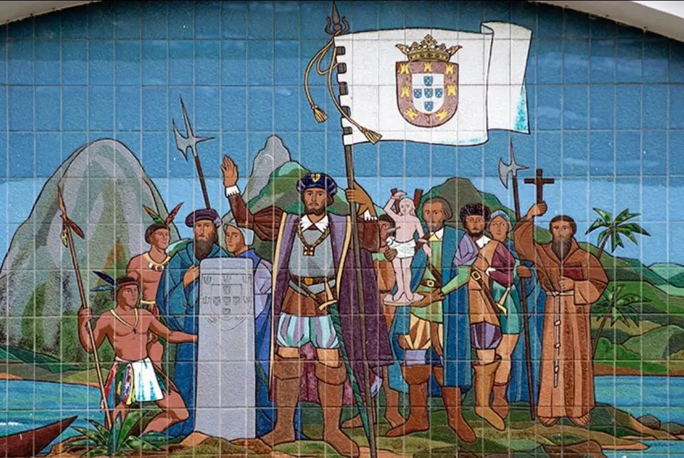 Pintura em azulejos mostrando a fundação de São Sebastião do Rio de Janeiro.