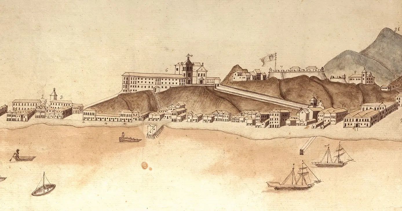 Gravura de cidade costeira com casas, igreja, fortaleza e água.