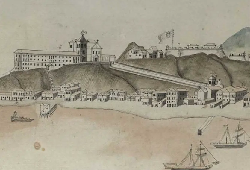 Cidade costeira com palácio, aldeia, igreja e navios.