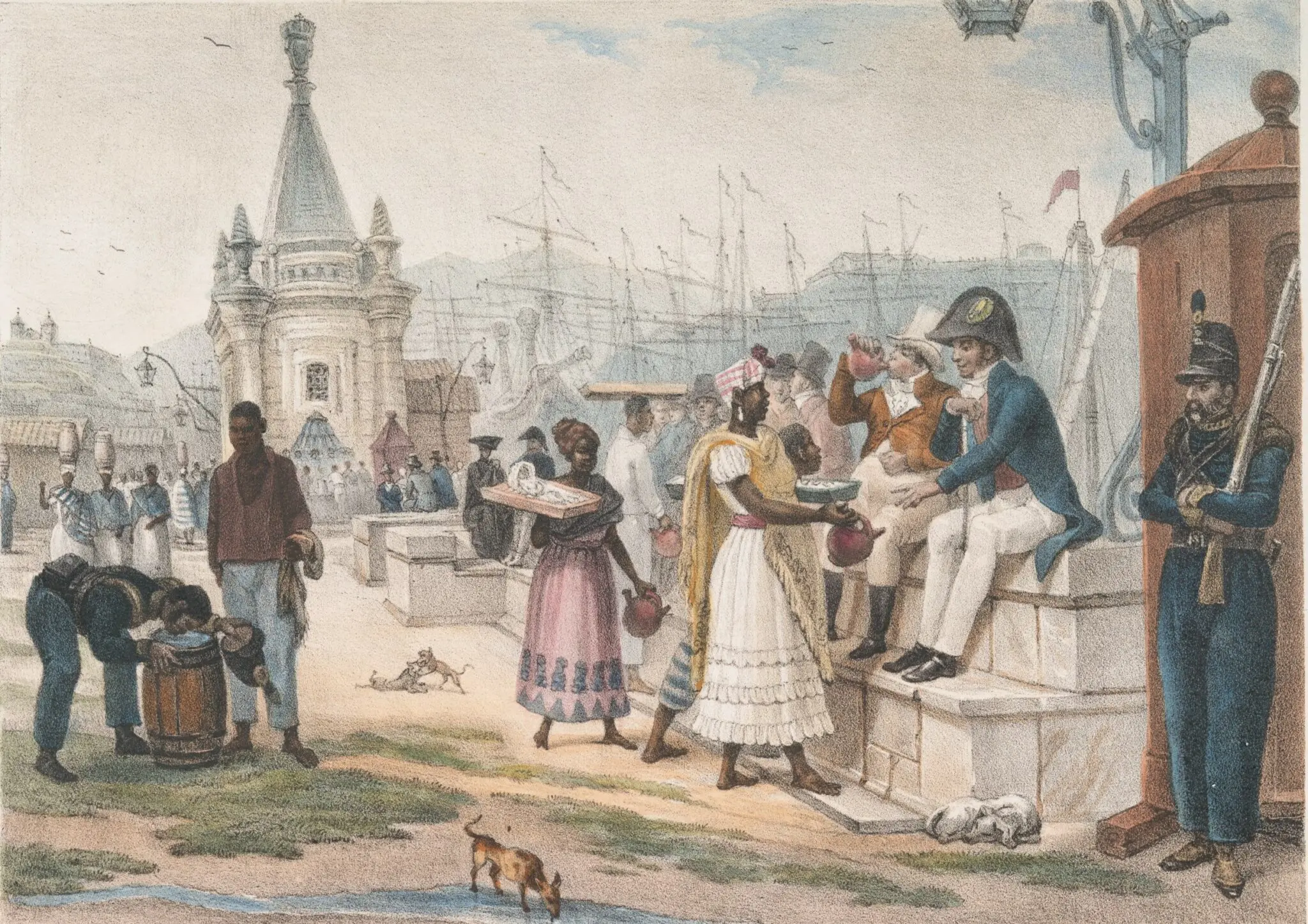 Pintura urbana do século XIX com pessoas interagindo ao redor de um chafariz.