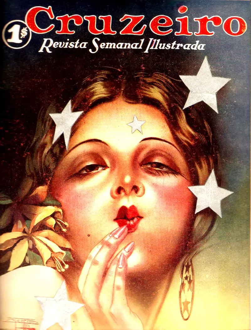 Ilustração colorida de uma revista "Cruzeiro Revista Semanal Ilustrada", mostrando uma mulher sorridente com flores amarelas e estrelas brancas.