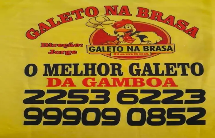 Cartaz publicitário amarelo para galeto na brasa em Gamboa.