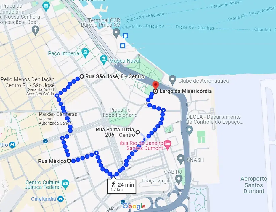 Mapa digital de uma cidade brasileira, focando no centro com destaque para o Largo da Misericórdia e o Museu Naval.