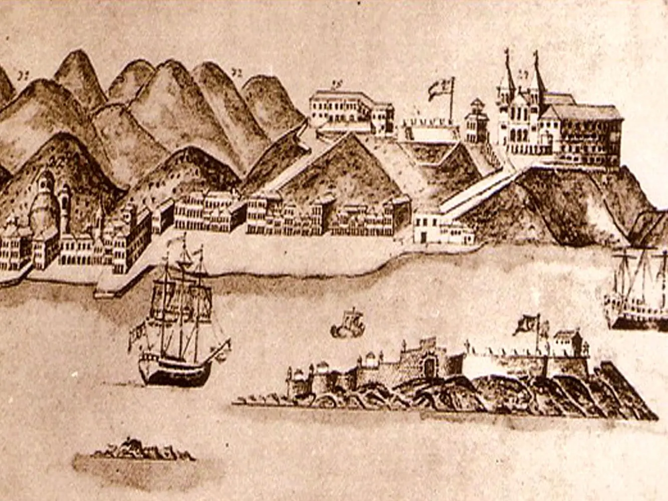 Cidade costeira com montanhas, navio, fortaleza e edifícios.