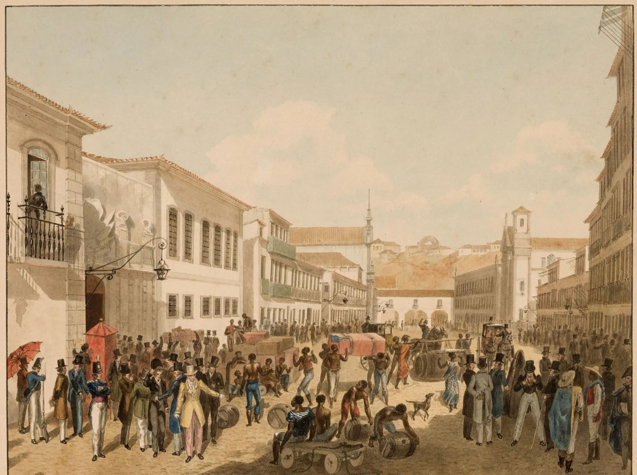 Pintura urbana animada com construções brancas e telhados vermelhos, pessoas caminhando e carrinhos de mão.