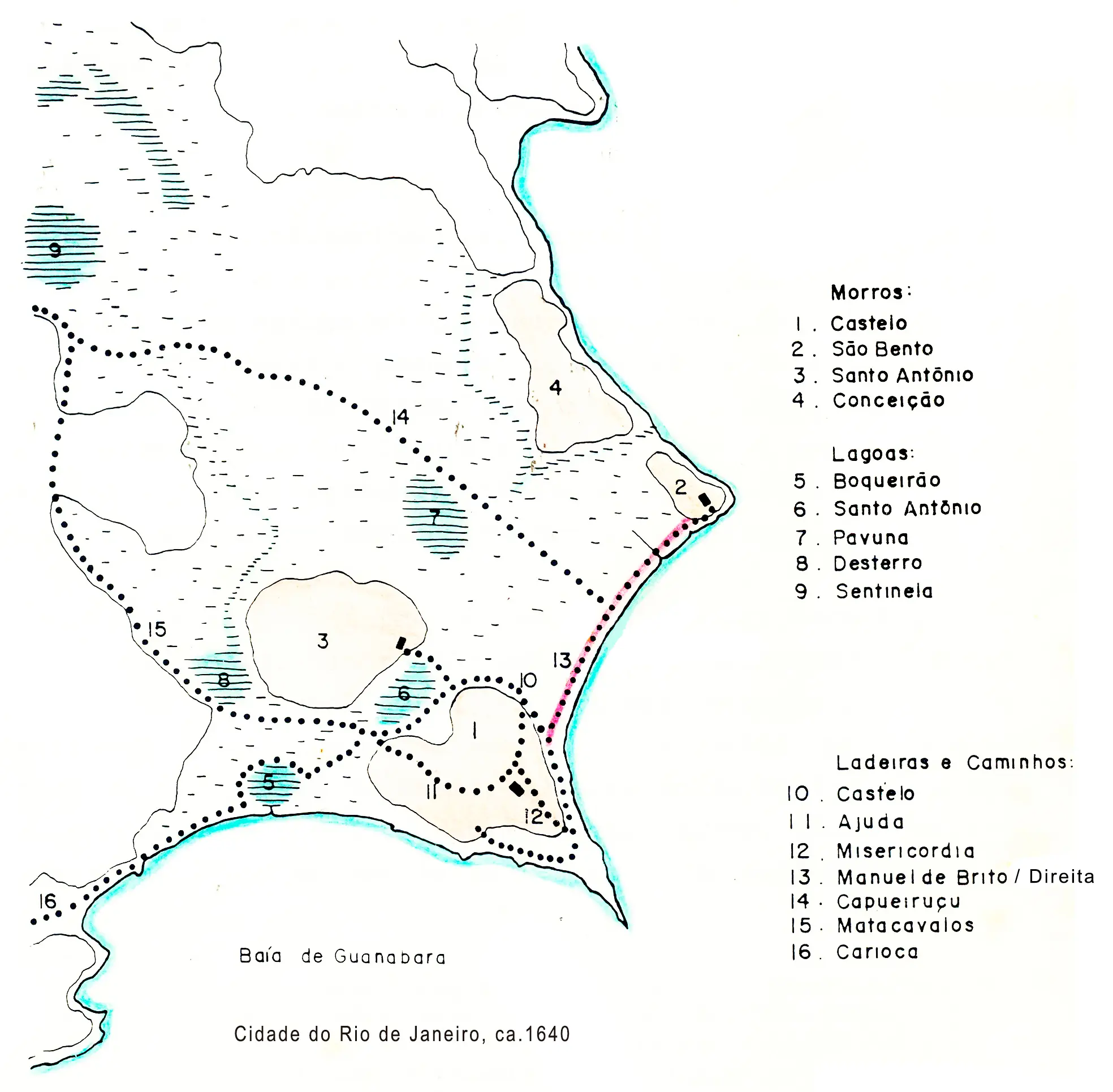 Mapa antigo da Cidade do Rio de Janeiro, 1640, mostrando morros e lagoas.